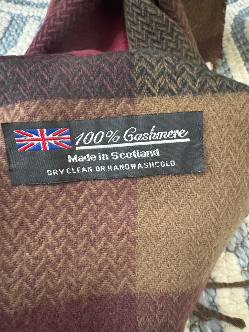 Vintage 100% Cashmere Scarf Made in Scotland Plaid Burgundy Brown Fringe Unisex